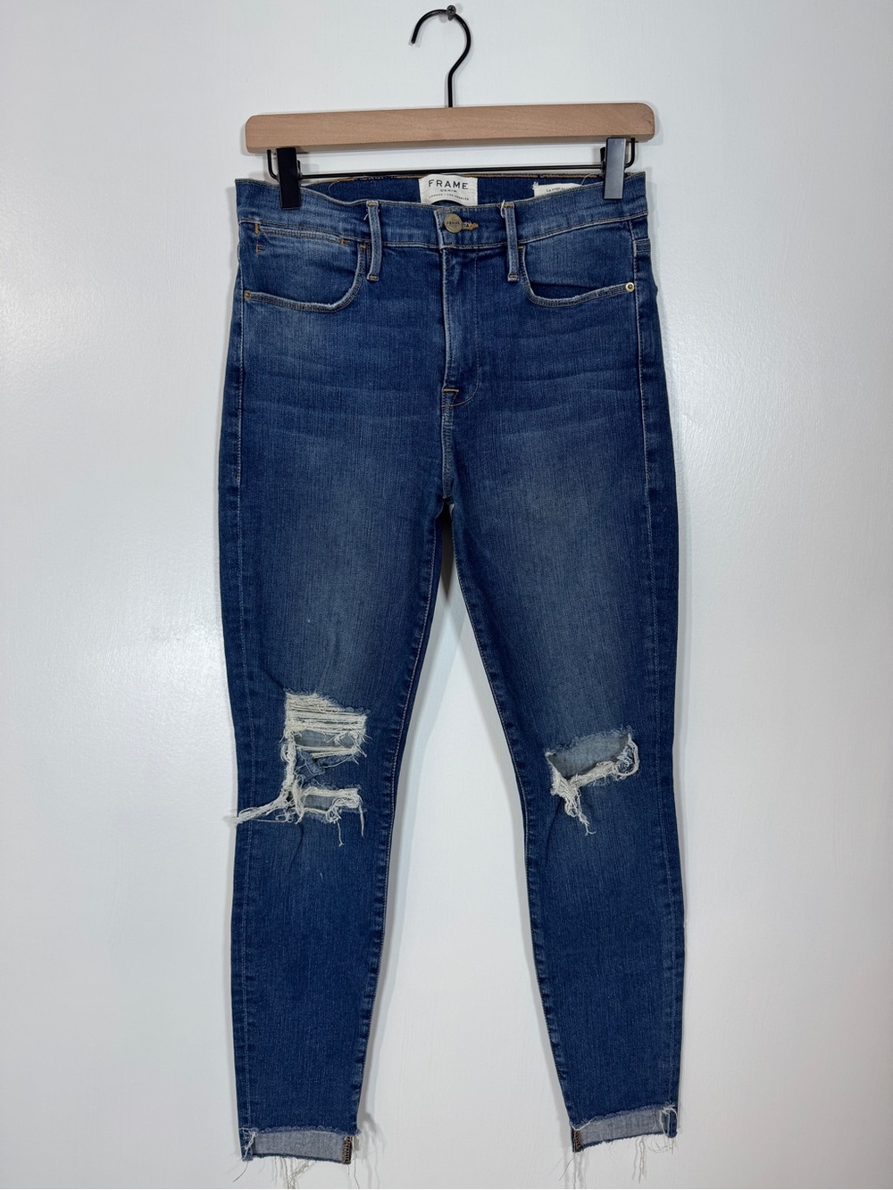 WJ287 {Frame} "Le High Skinny in Woodbine Way" Distressed Stretch Denim Jeans